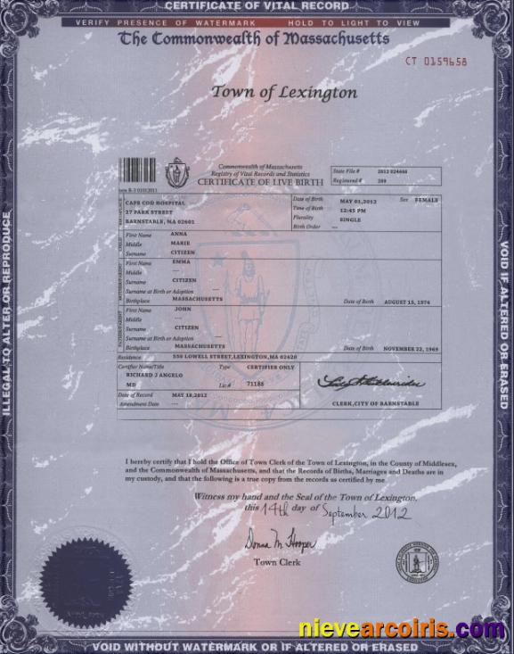 USA Massachusetts state birth certificate